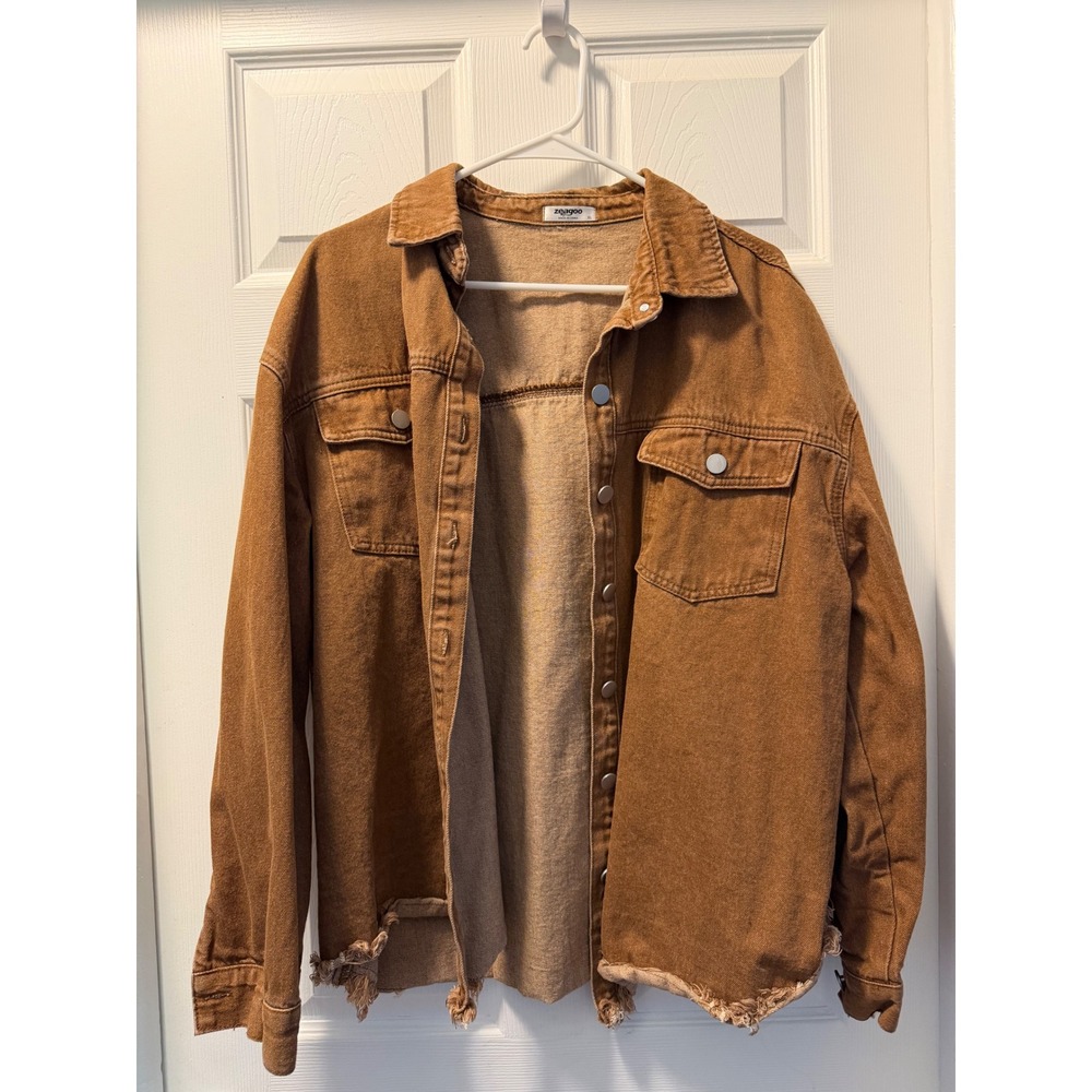 Zeagoo Womens XL Brown Denim Jacket Frayed Hem Button Down Distressed Shacket